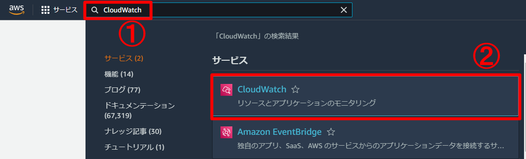 CloudWatchへ移動